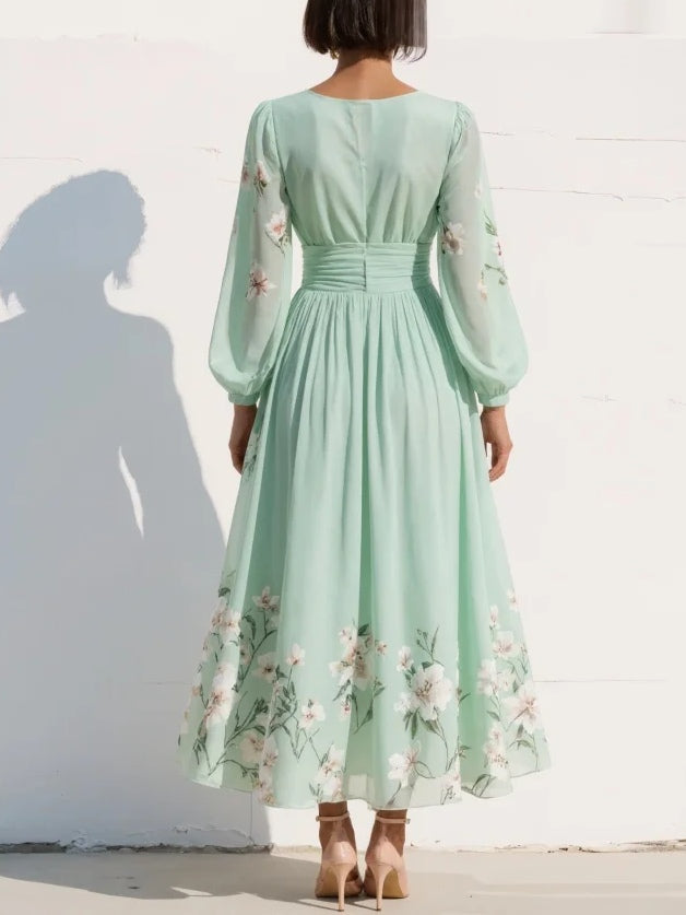 Rochie Maxi Plisată din Chiffon Verde Mentă cu Imprimare Florală pentru Femei