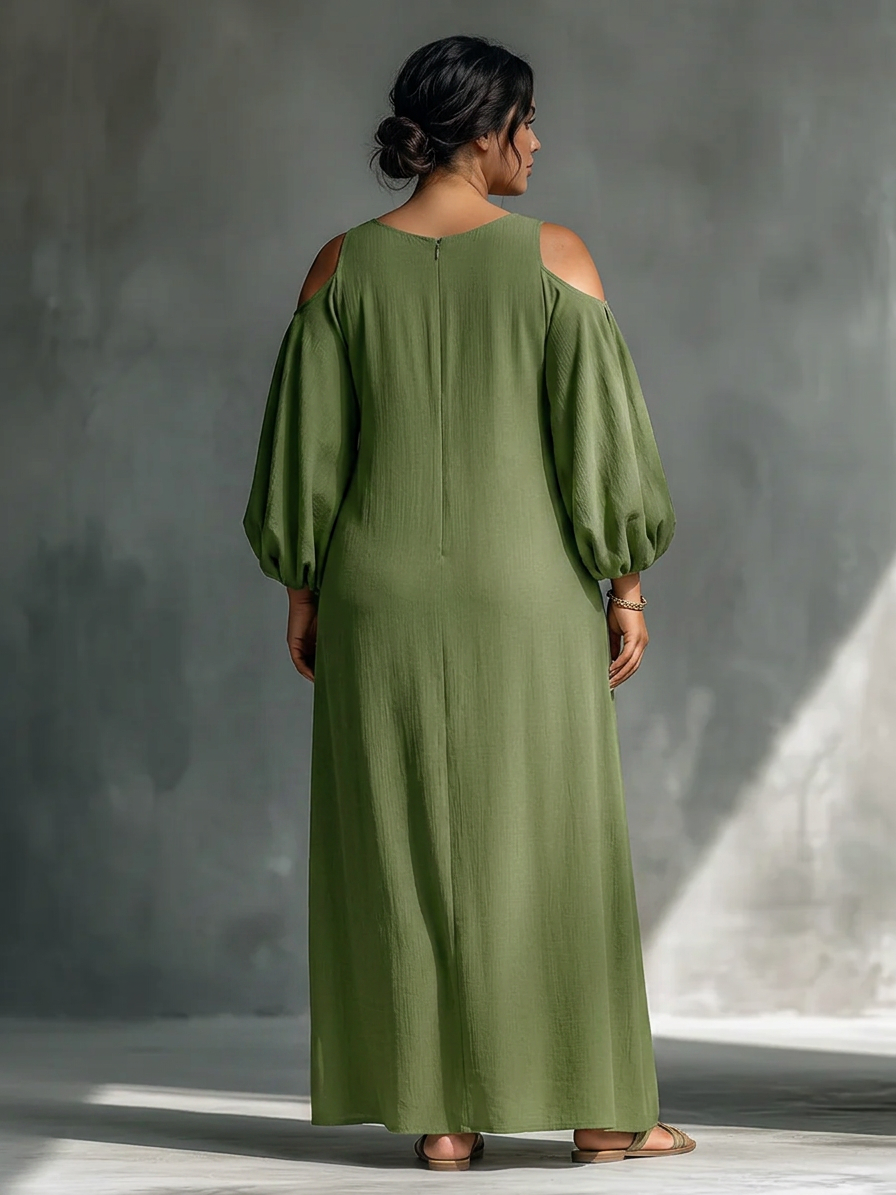 Anika | Rochie Maxi Verde cu Umeri Decupați și Mâneci Puff