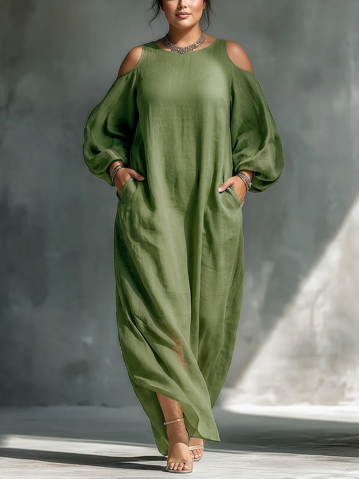 Anika | Rochie Maxi Verde cu Umeri Decupați și Mâneci Puff