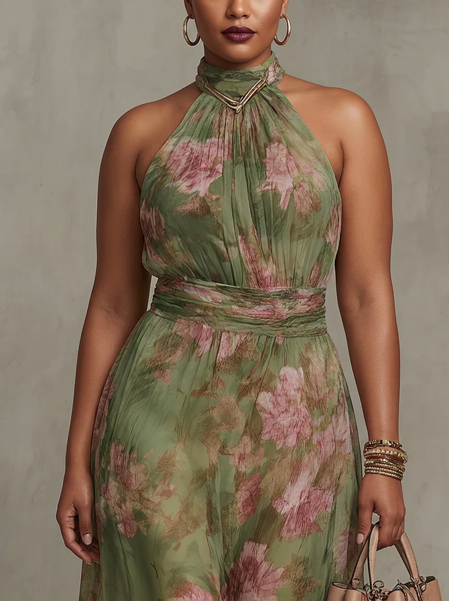 Florence | Rochie Maxi Chiffon Floral Verde cu Guler Halter