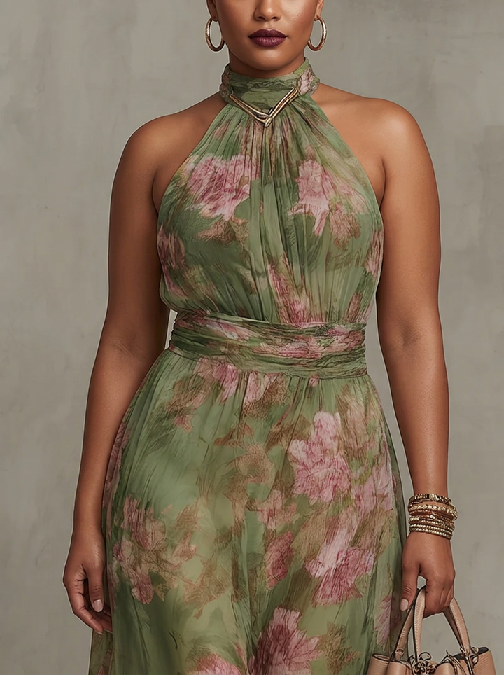 Florence | Rochie Maxi Chiffon Floral Verde cu Guler Halter