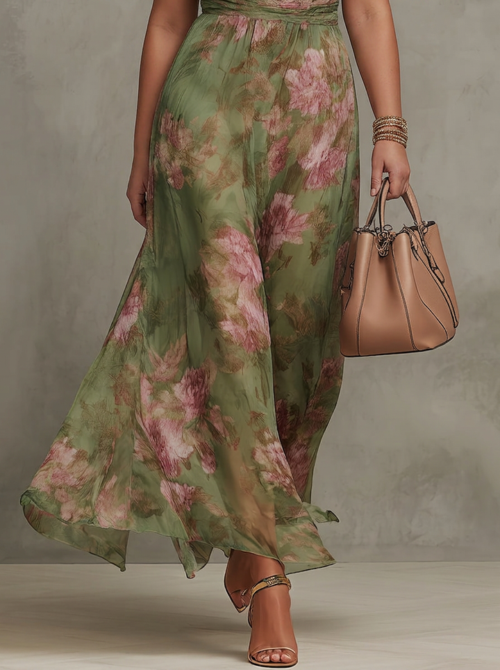 Florence | Rochie Maxi Chiffon Floral Verde cu Guler Halter