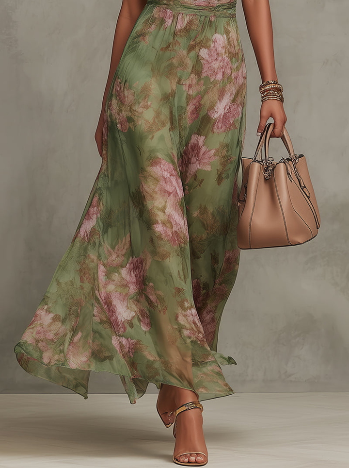 Serena - Rochie lungă verde florală din chiffon cu decolteu halter