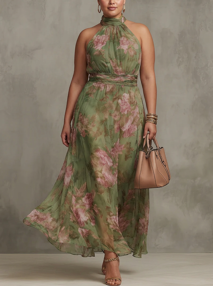 Florence | Rochie Maxi Chiffon Floral Verde cu Guler Halter