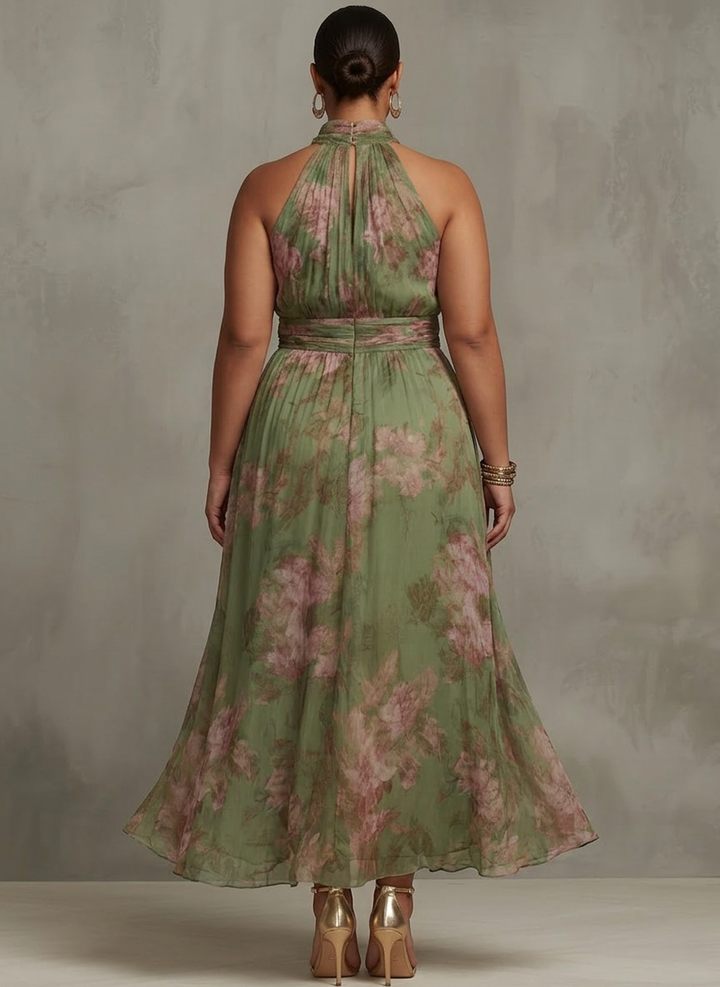 Florence | Rochie Maxi Chiffon Floral Verde cu Guler Halter