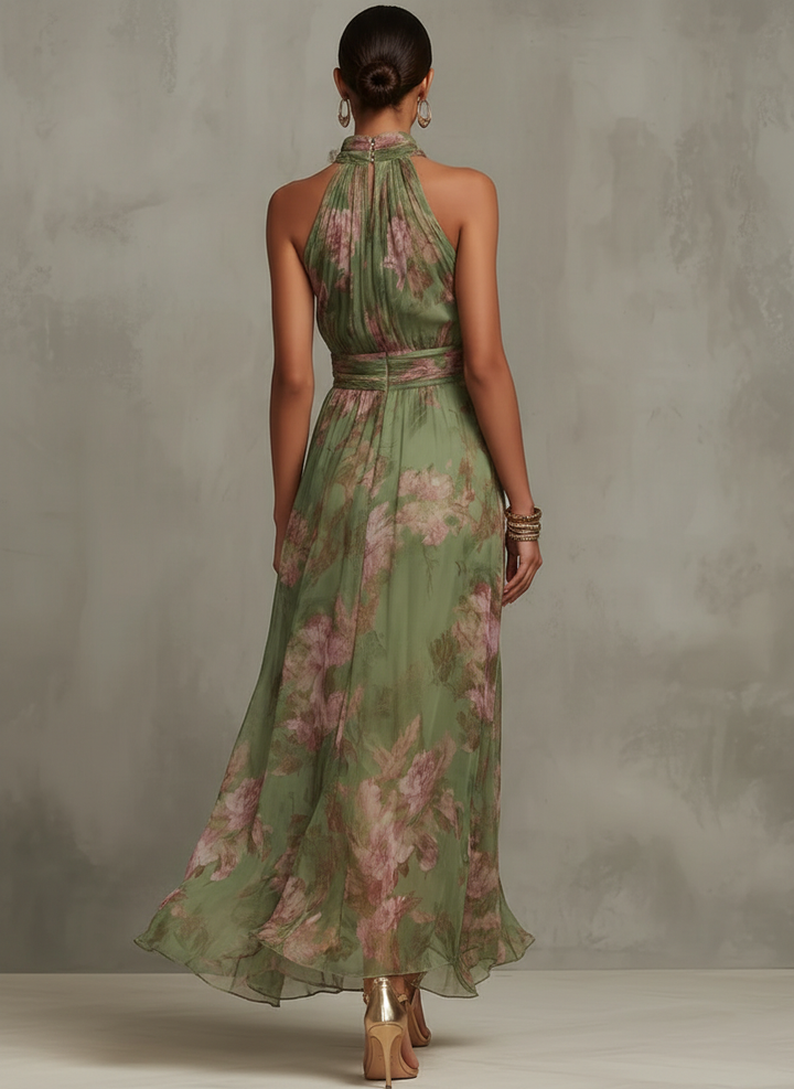 Serena - Rochie lungă verde florală din chiffon cu decolteu halter