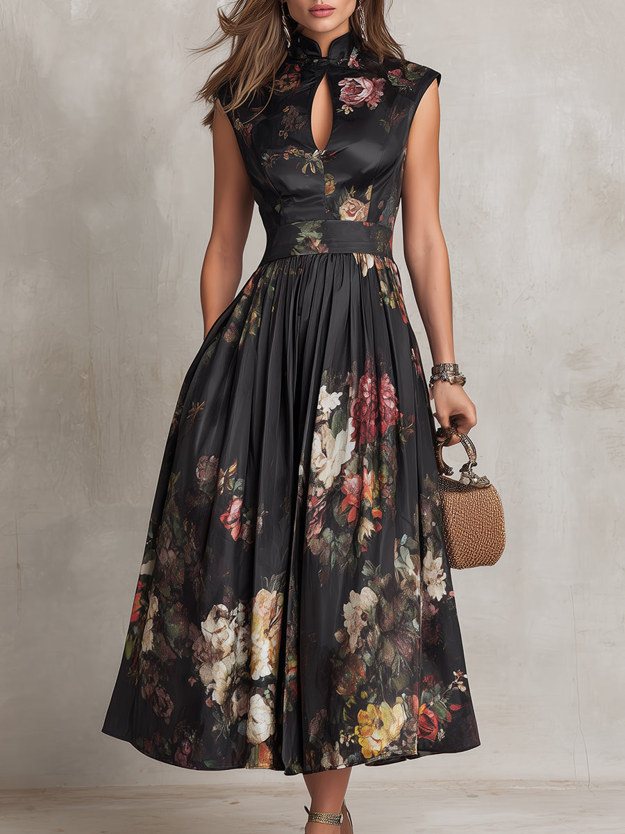 Violetta - Rochie midi neagră din satin plissetat cu motiv floral și guler cu deschidere în formă de cheie