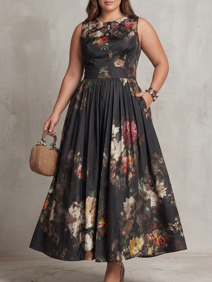 Patricia | Rochie Midi Plisată din Satin cu Flori Negre