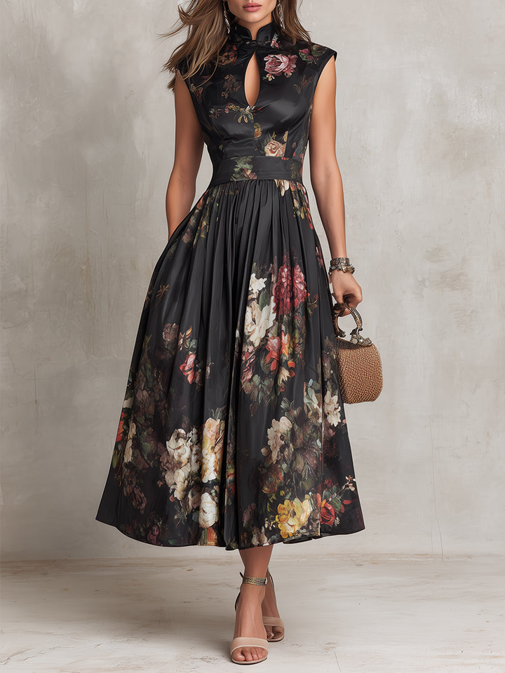 Violetta - Rochie midi neagră din satin plissetat cu motiv floral și guler cu deschidere în formă de cheie