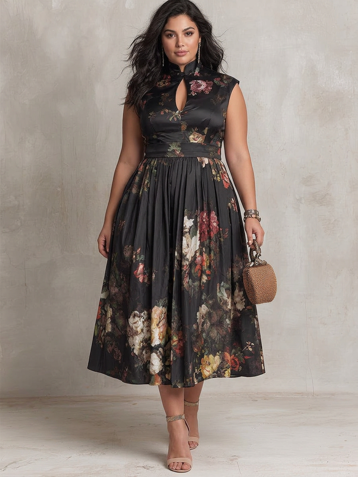 Patricia | Rochie Midi Plisată din Satin cu Flori Negre