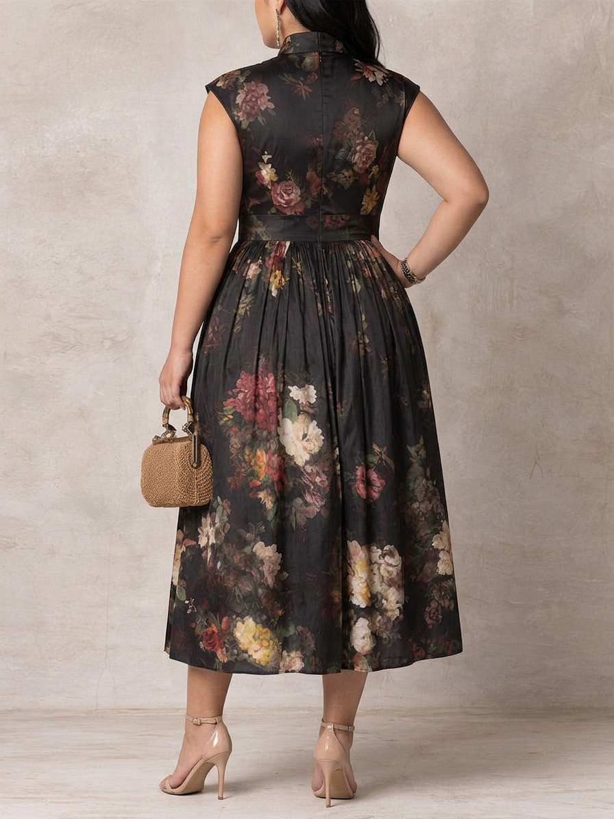 Patricia | Rochie Midi Plisată din Satin cu Flori Negre