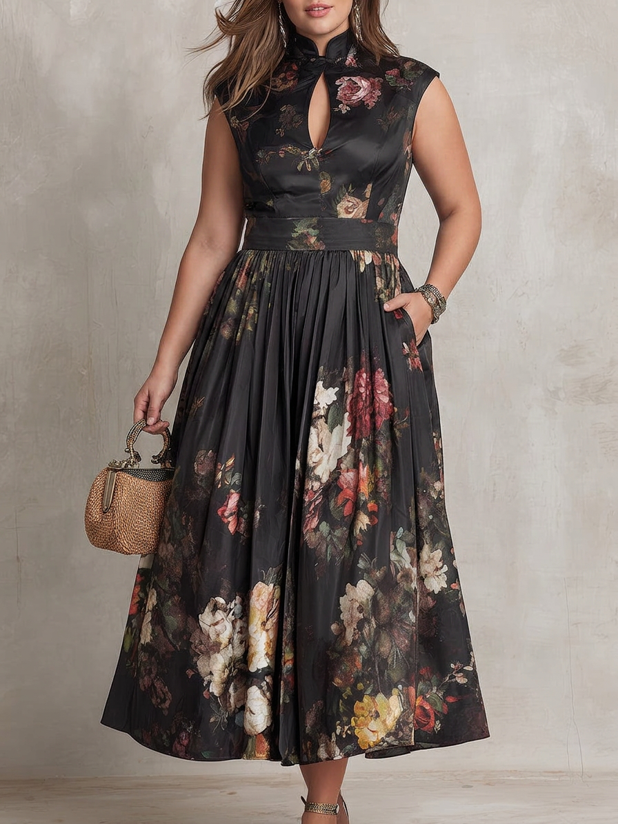 Patricia | Rochie Midi Plisată din Satin cu Flori Negre