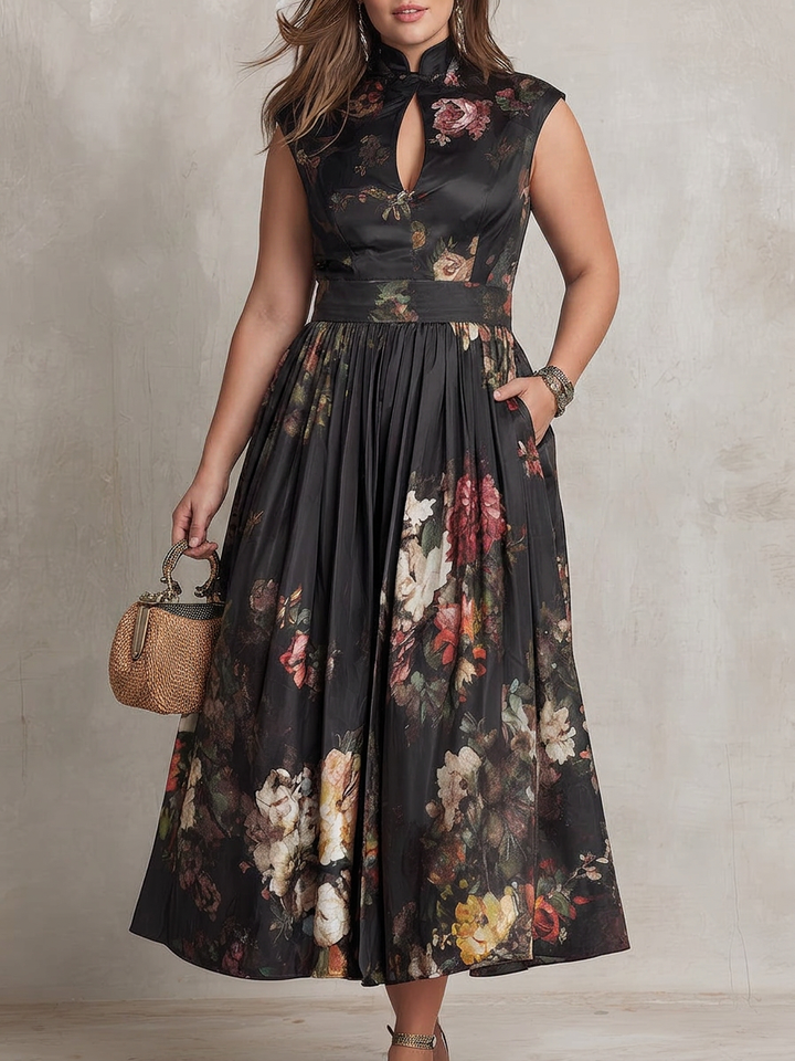 Patricia | Rochie Midi Plisată din Satin cu Flori Negre