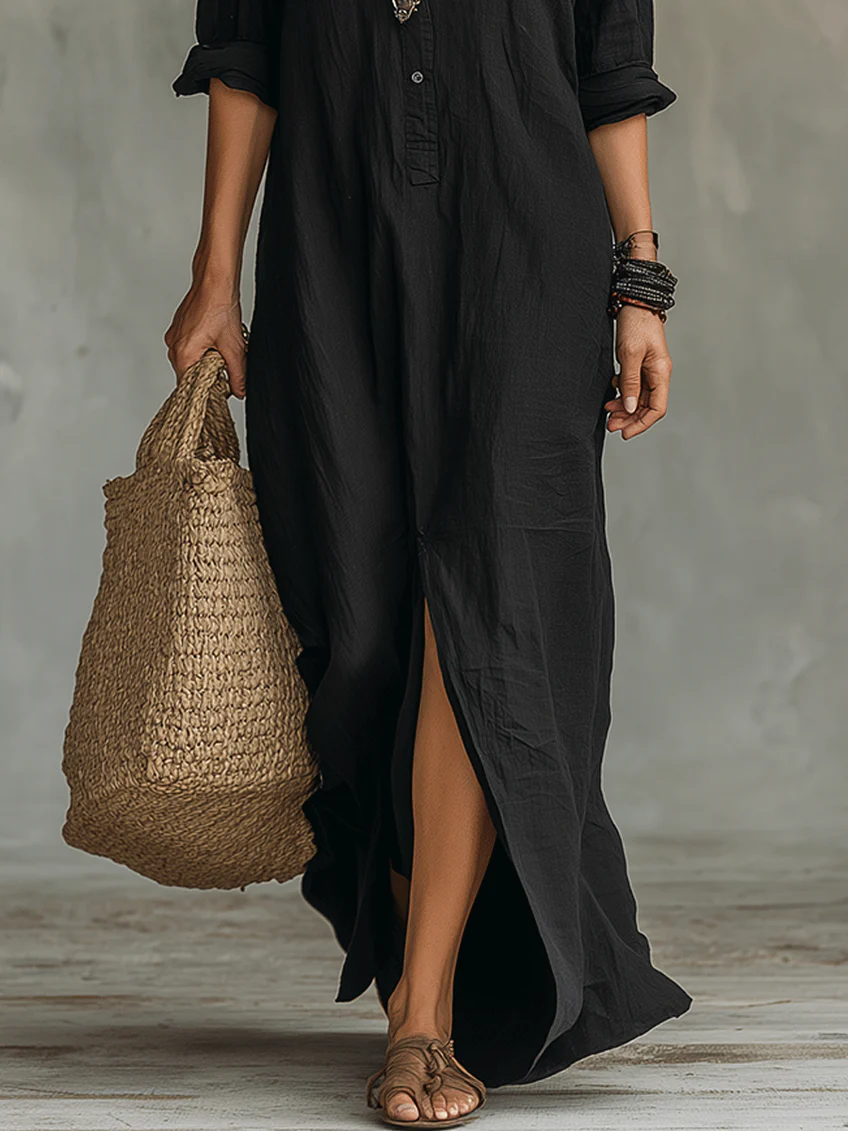 Soline™ | Rochie Maxi Neagră Oversized cu Butoni