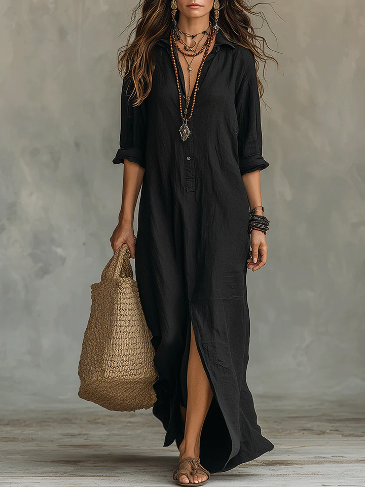 Soline™ | Rochie Maxi Neagră Oversized cu Butoni