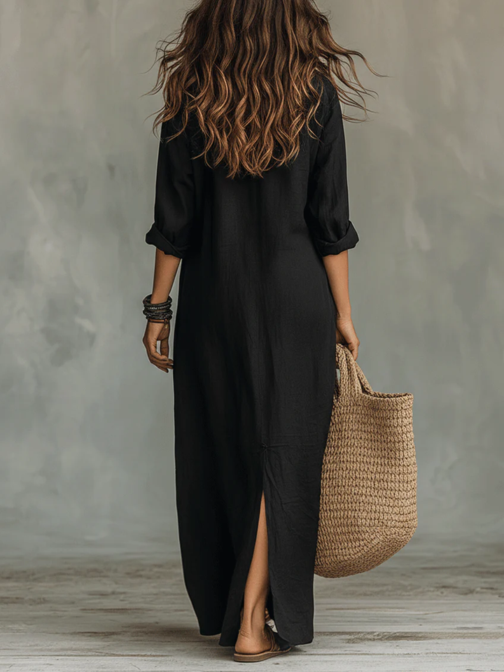 Soline™ | Rochie Maxi Neagră Oversized cu Butoni