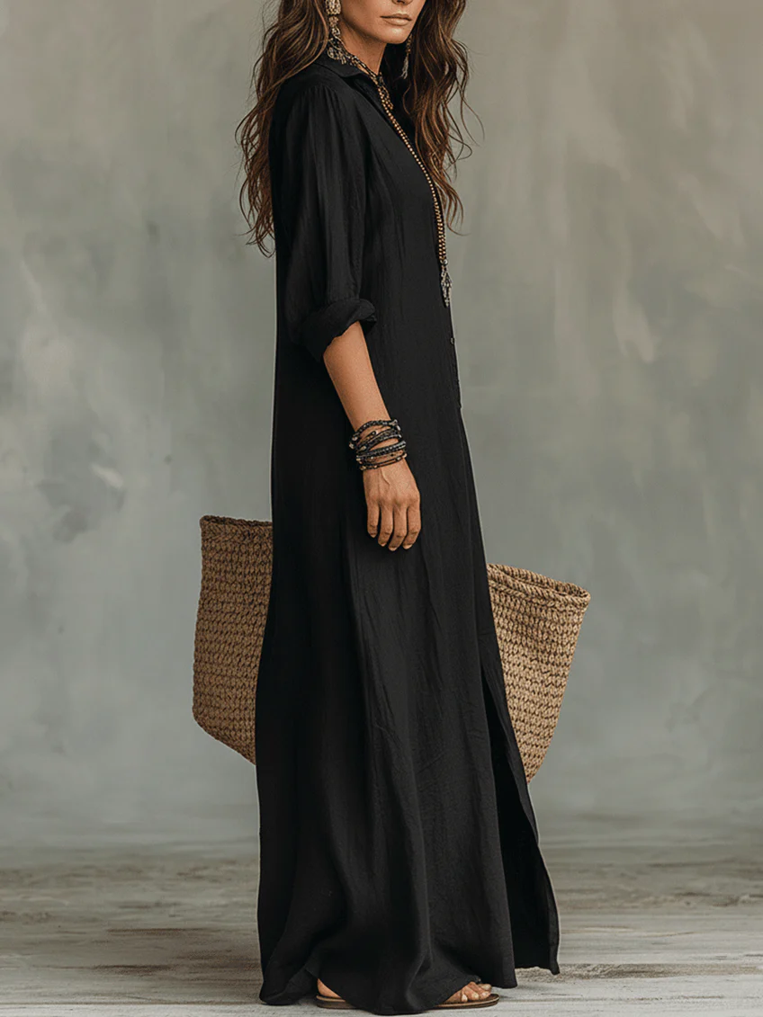 Soline™ | Rochie Maxi Neagră Oversized cu Butoni