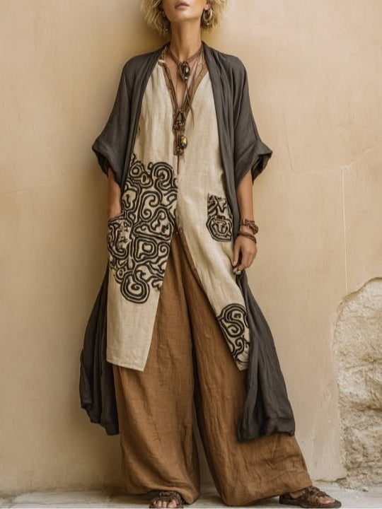 Giulia - Set Trei Piese Bohemien Nomad Gri Închis și Marron cu Motiv Tribal