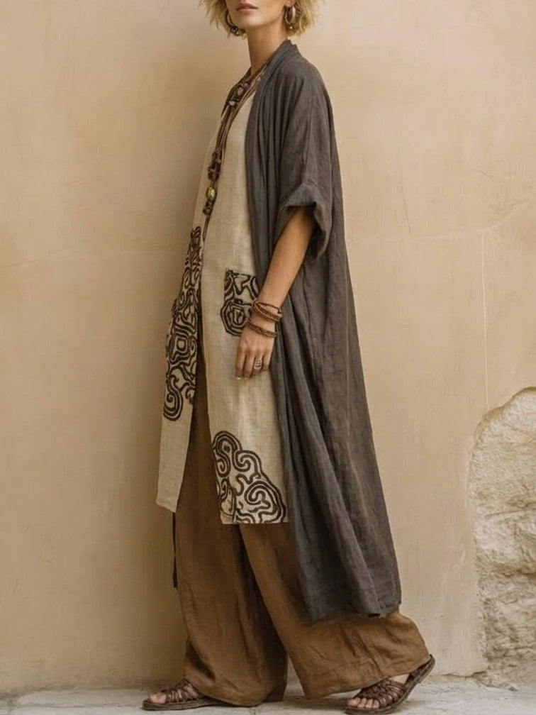 Giulia - Set Trei Piese Bohemien Nomad Gri Închis și Marron cu Motiv Tribal