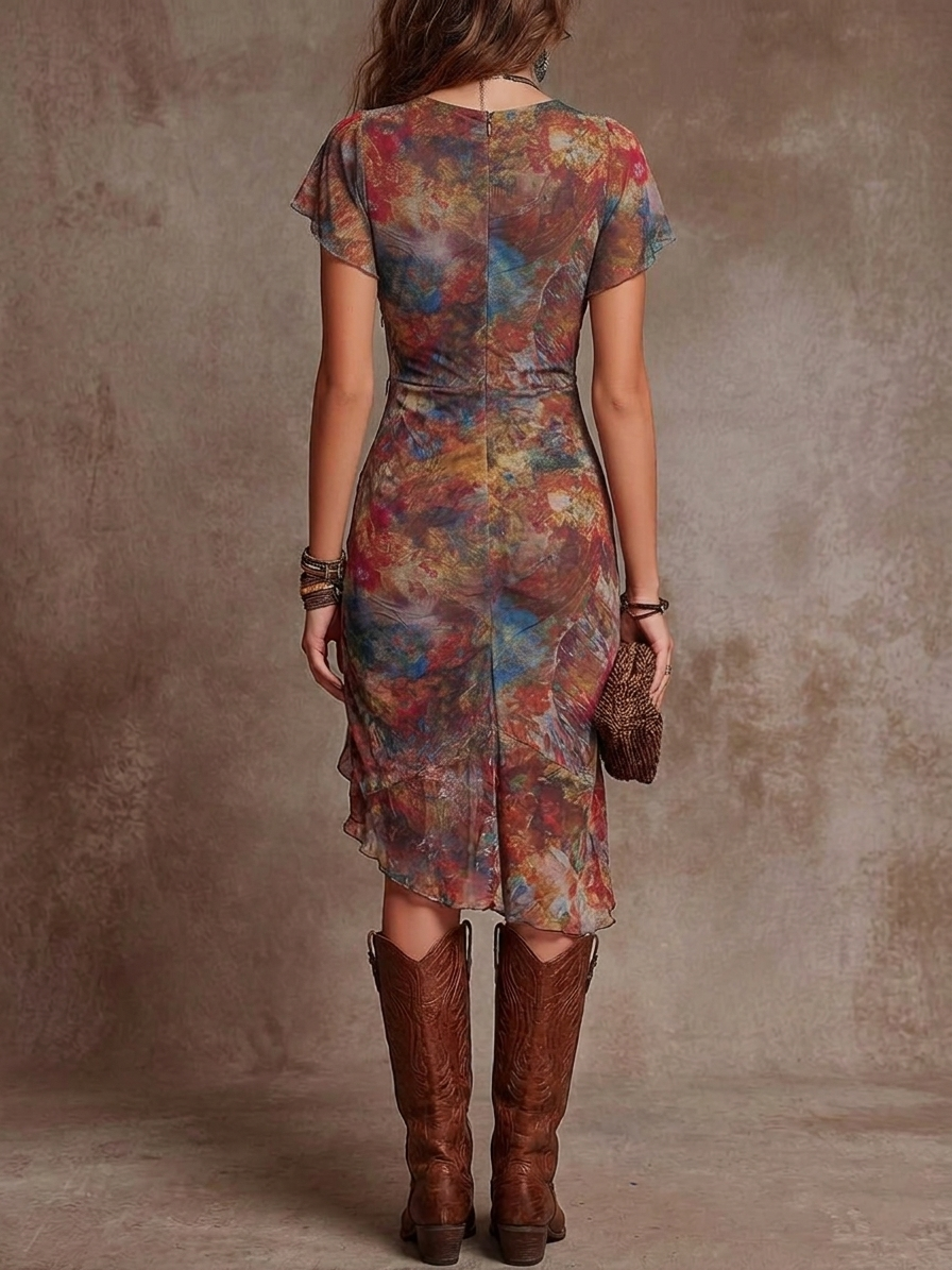 Martina - Rochie midi plissetată cu decolteu în V, imprimeu de artă abstractă în stil boho