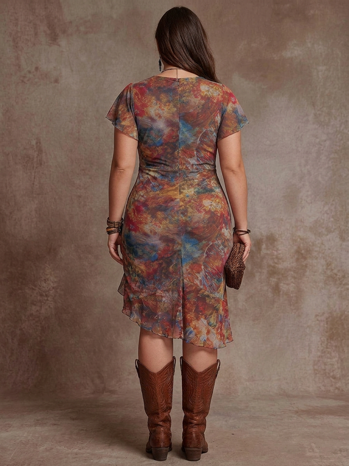 Judy | Rochie midi plisată cu decolteu în V, stil bohemian abstract