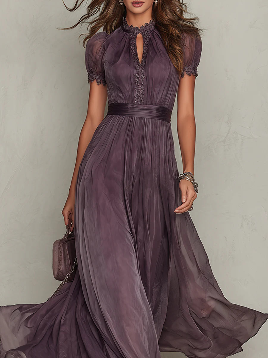 Flavia - Rochie lungă violet cu decolteu în formă de cheie, margine din dantelă de chiffon