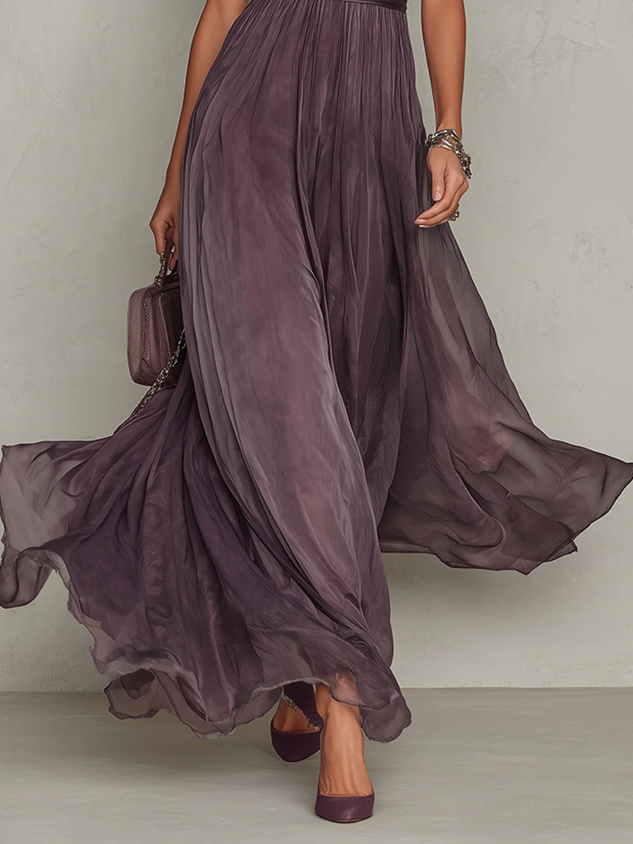 Flavia - Rochie lungă violet cu decolteu în formă de cheie, margine din dantelă de chiffon