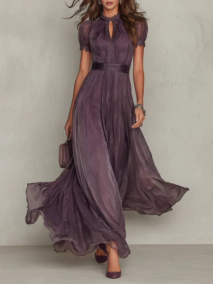 Flavia - Rochie lungă violet cu decolteu în formă de cheie, margine din dantelă de chiffon