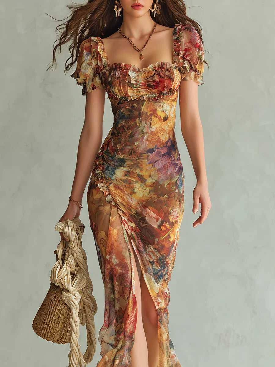 Viola - Rochie lungă din chiffon portocalie cu imprimeu în stil boho