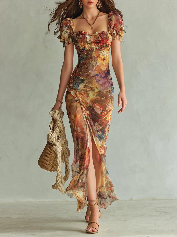Viola - Rochie lungă din chiffon portocalie cu imprimeu în stil boho