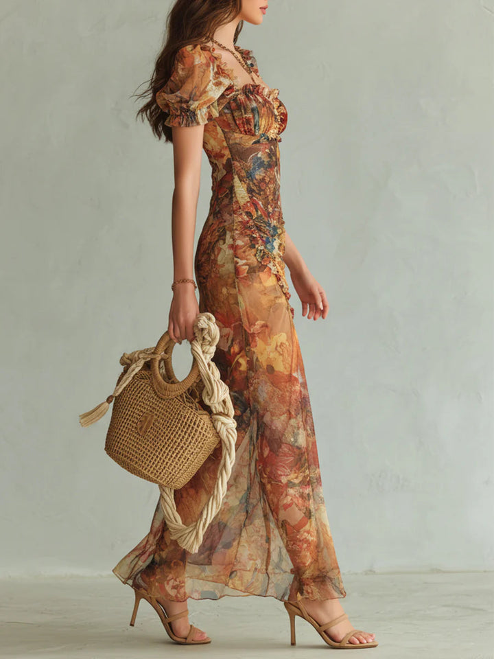 Viola - Rochie lungă din chiffon portocalie cu imprimeu în stil boho