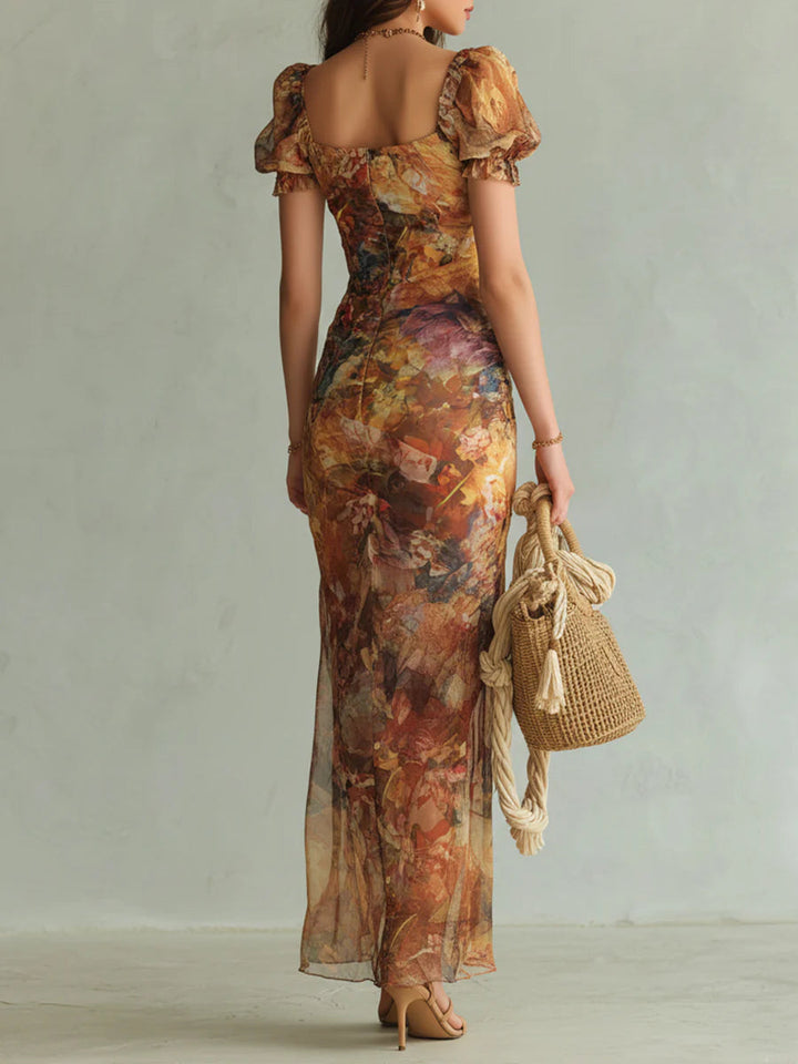 Viola - Rochie lungă din chiffon portocalie cu imprimeu în stil boho