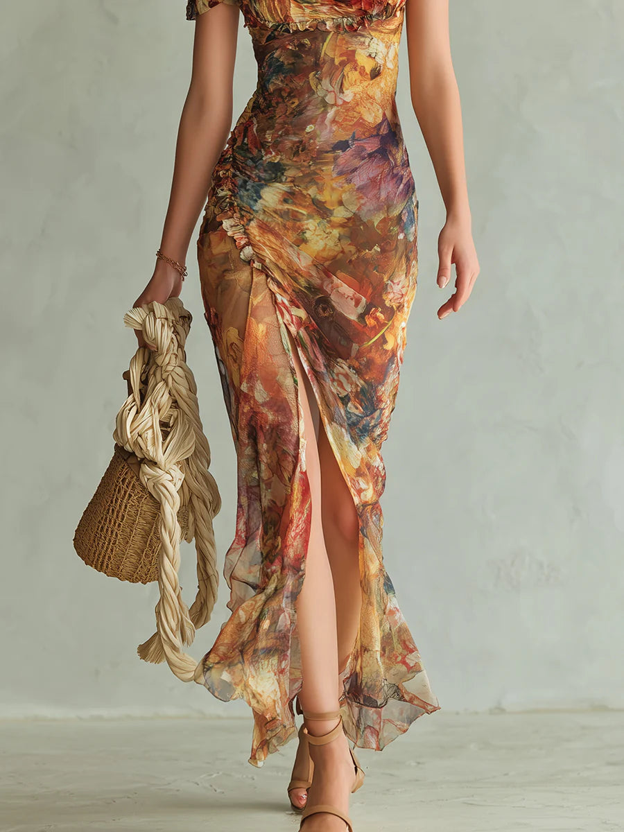 Viola - Rochie lungă din chiffon portocalie cu imprimeu în stil boho