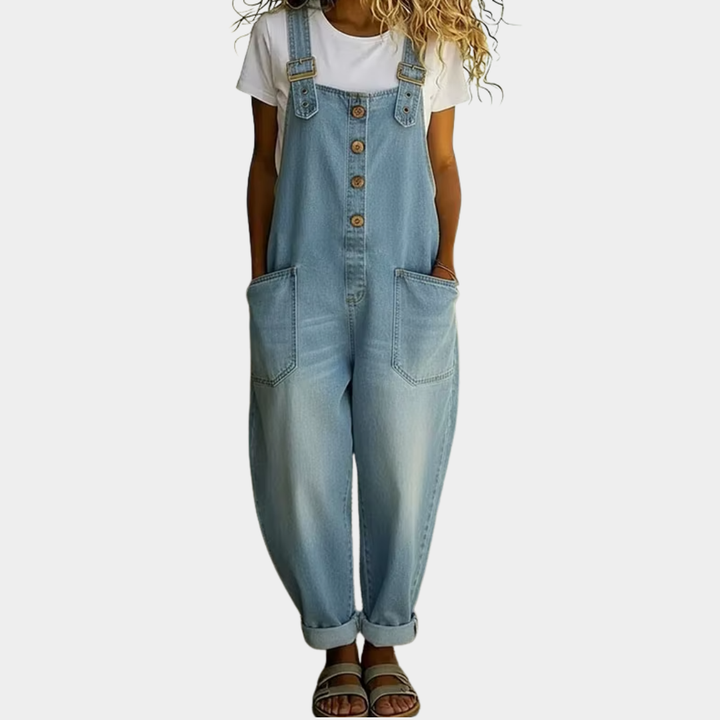 Mae | Salopetă din bumbac moale cu aspect denim vintage, cu bretele ajustabile