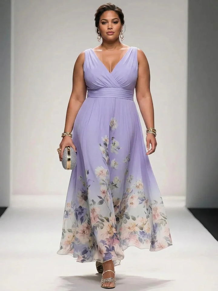 Rochie Maxi Chiffon Floral Albastru Deschis cu Decolteu în V