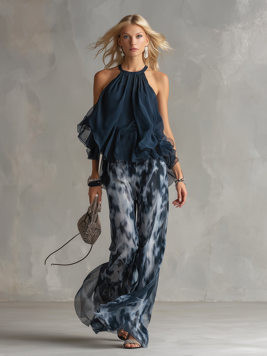 Ludovica - elegant din chiffon cu top cu guler înalt și pantaloni largi imprimeu