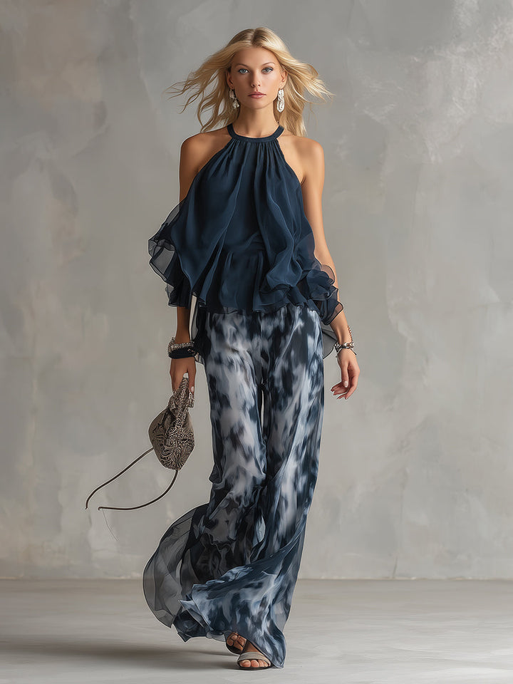 Ludovica - elegant din chiffon cu top cu guler înalt și pantaloni largi imprimeu