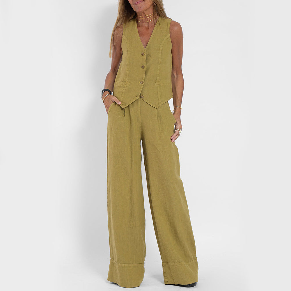 Top de vară fără mâneci și pantaloni drepți largi