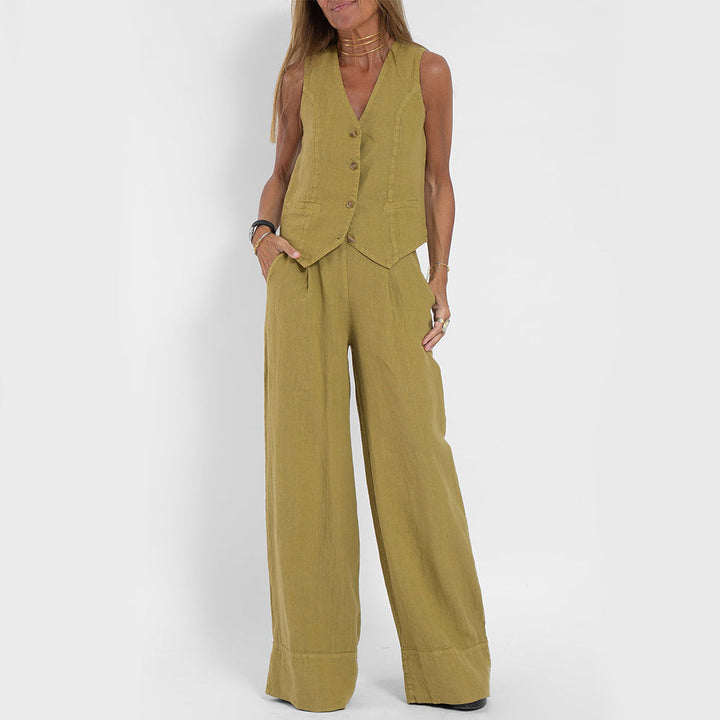 Top de vară fără mâneci și pantaloni drepți largi