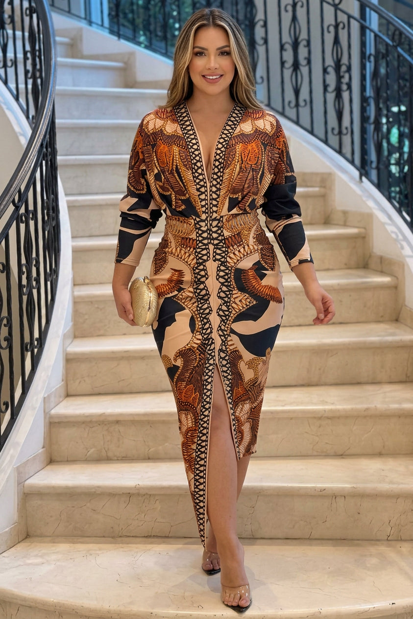 Eva | Rochie Midi Dolman cu Print Unic Sun Escape
