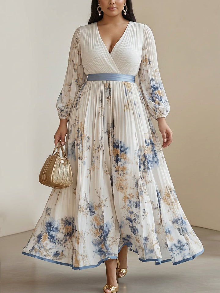 Amalia | Rochie Maxi din Chiffon Alb cu Mâneci Tip Balon
