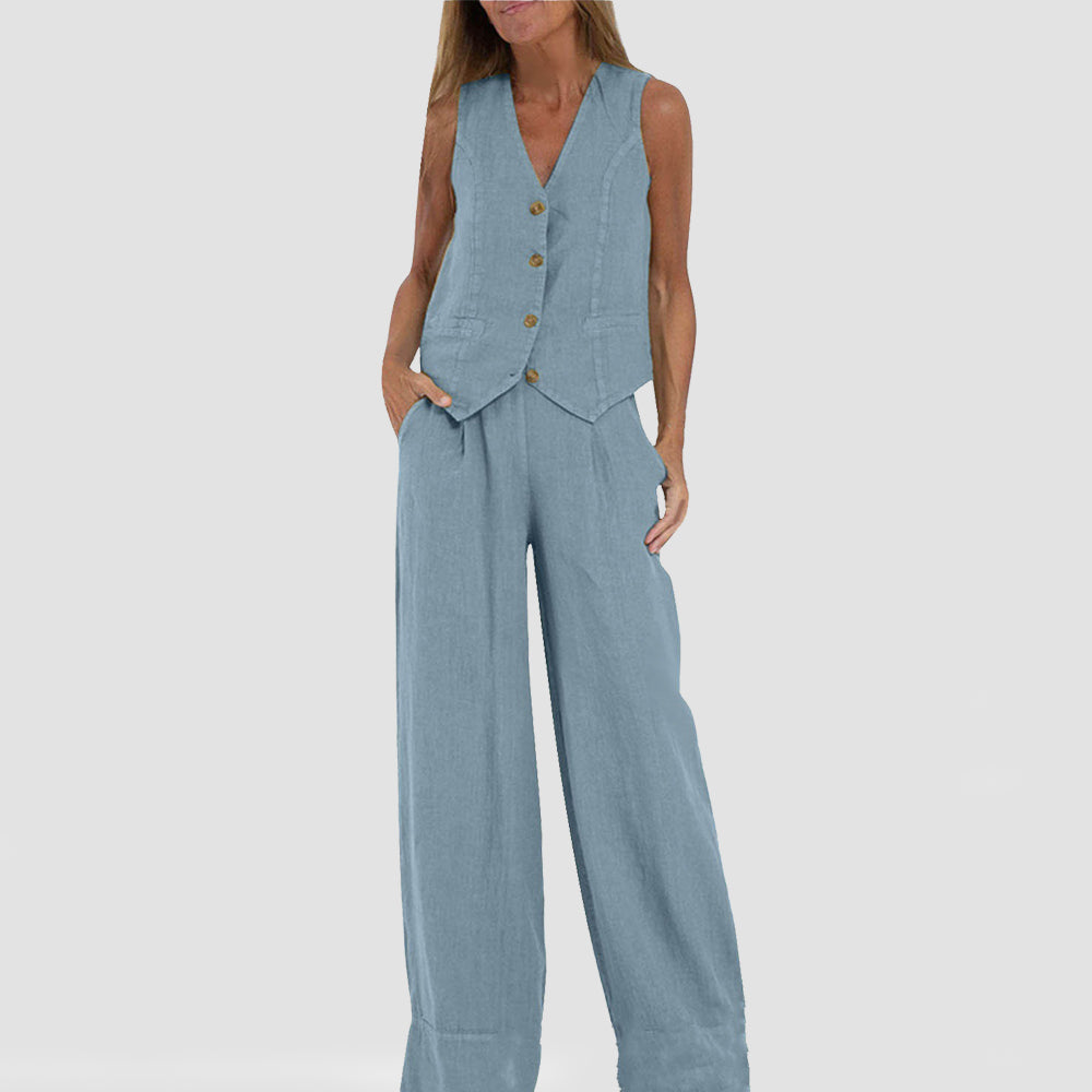 Top de vară fără mâneci și pantaloni drepți largi