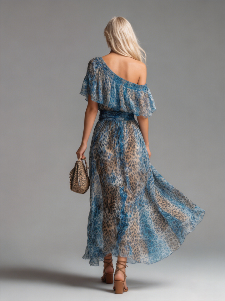 Selvaggia - Rochie lungă din chiffon cu imprimeu leopard și umeri descoperiți