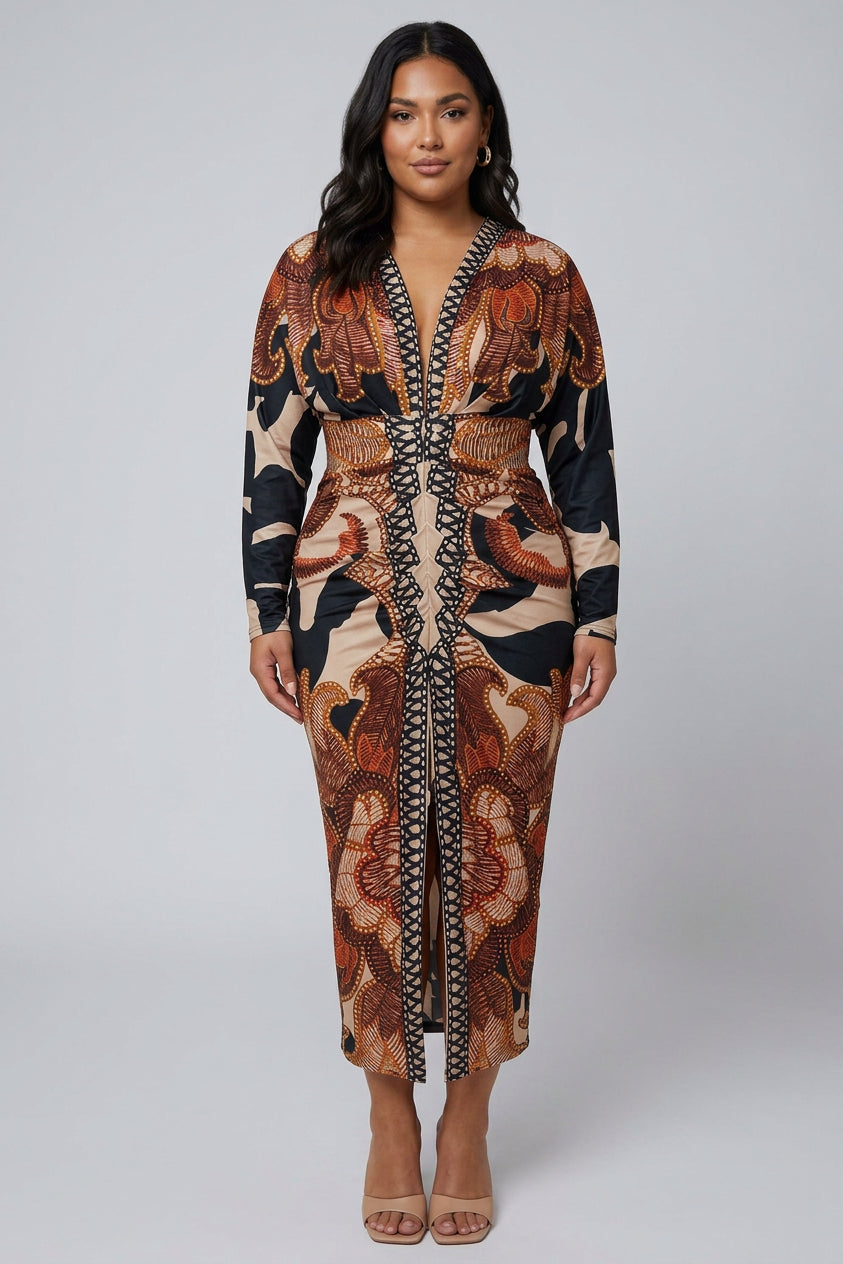 Eva | Rochie Midi Dolman cu Print Unic Sun Escape