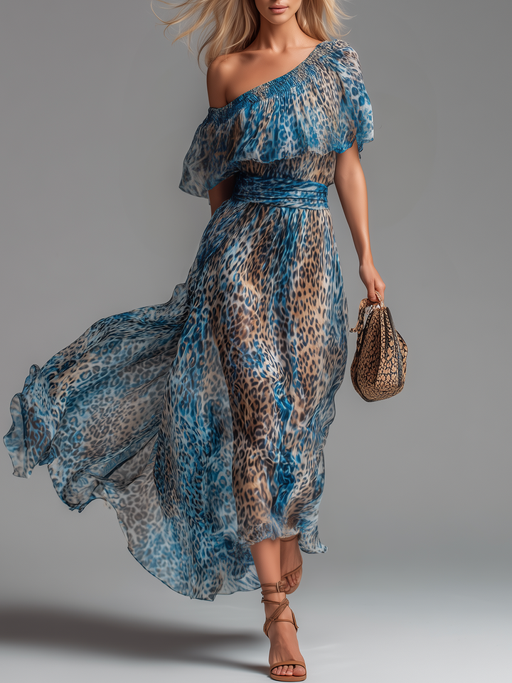 Selvaggia - Rochie lungă din chiffon cu imprimeu leopard și umeri descoperiți