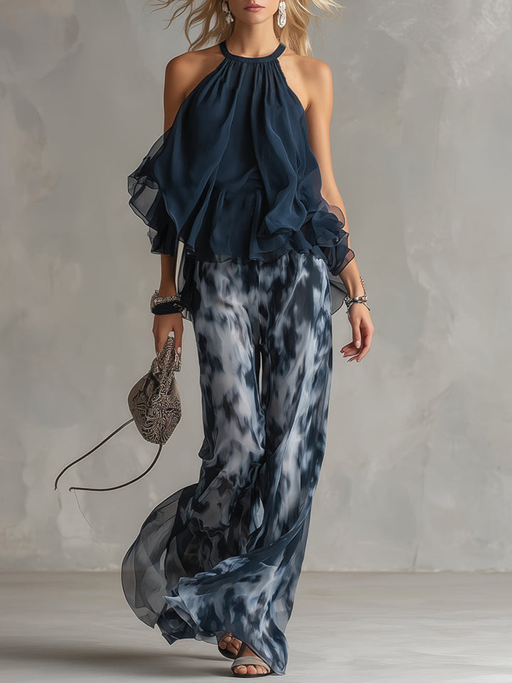 Ludovica - elegant din chiffon cu top cu guler înalt și pantaloni largi imprimeu