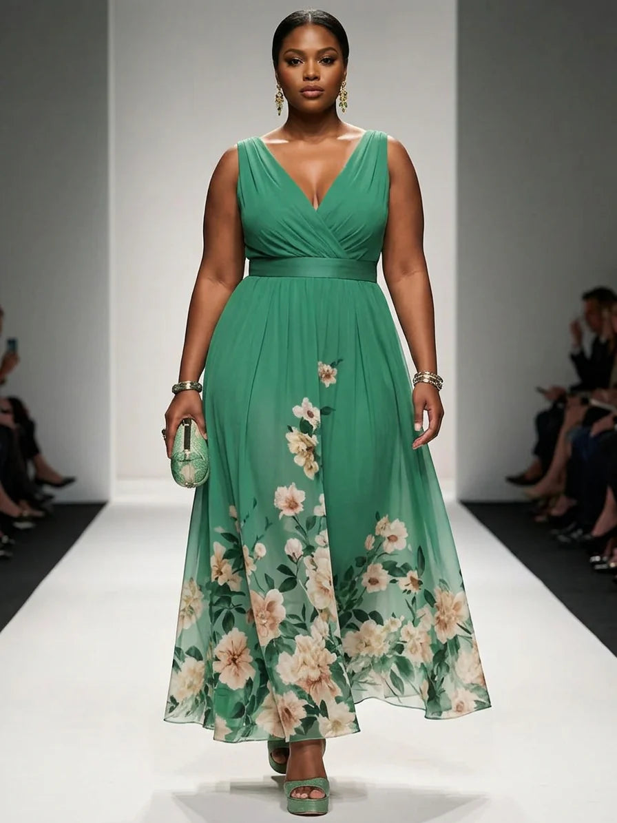Rochie Maxi Chiffon Floral Albastru Deschis cu Decolteu în V