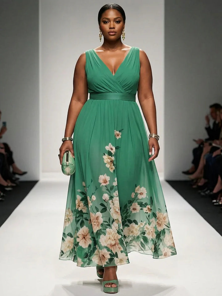 Rochie Maxi Chiffon Floral Albastru Deschis cu Decolteu în V