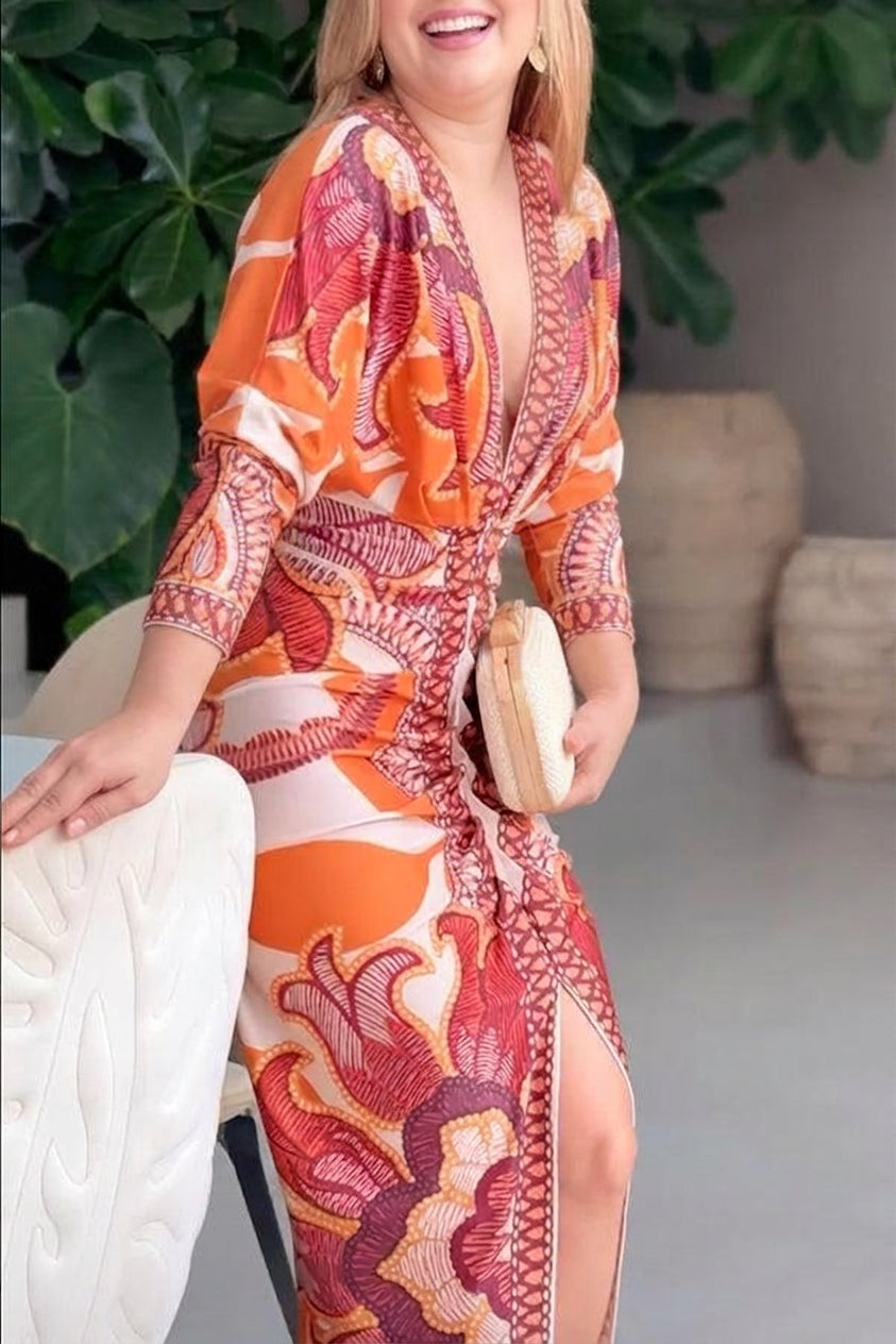 Eva | Rochie Midi Dolman cu Print Unic Sun Escape