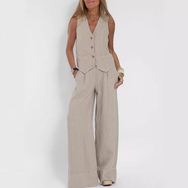 Top de vară fără mâneci și pantaloni drepți largi